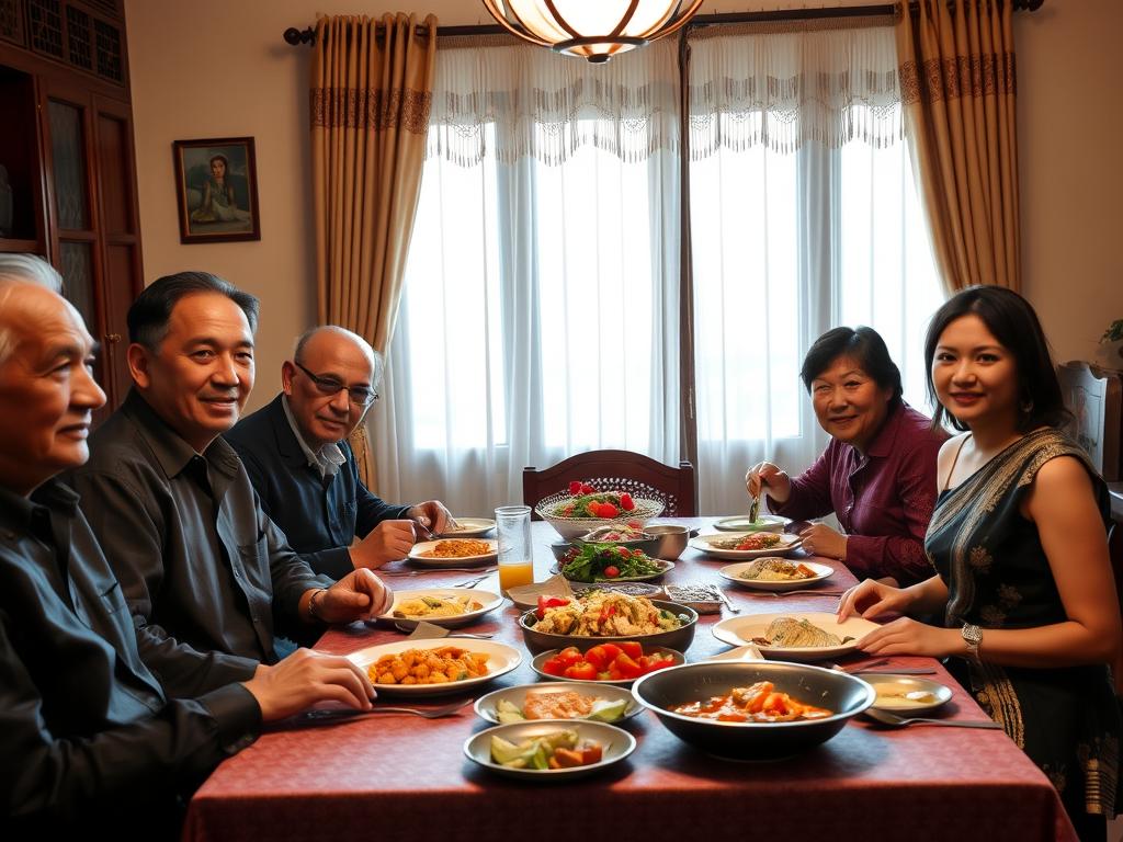 Vietnamese family dinner with a Western man joining, showing hanoi dating culture family dynamics hanoi dating culture for older men with younger women