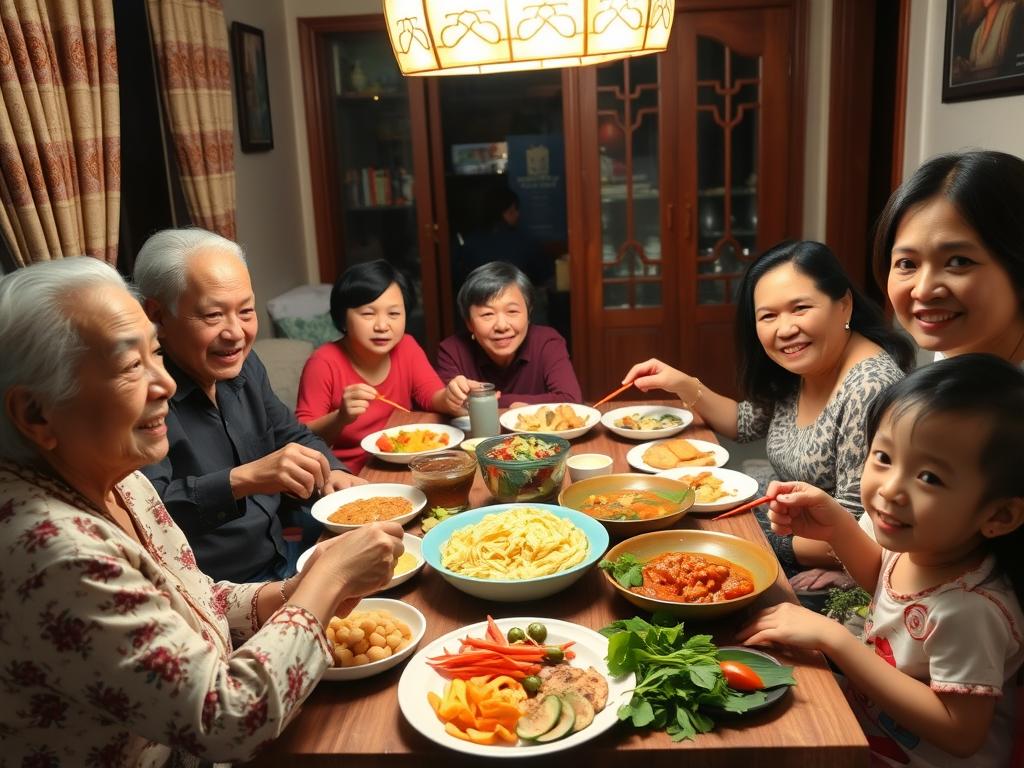 Vietnamese family dinner with multiple generations in Ho Chi Minh City home