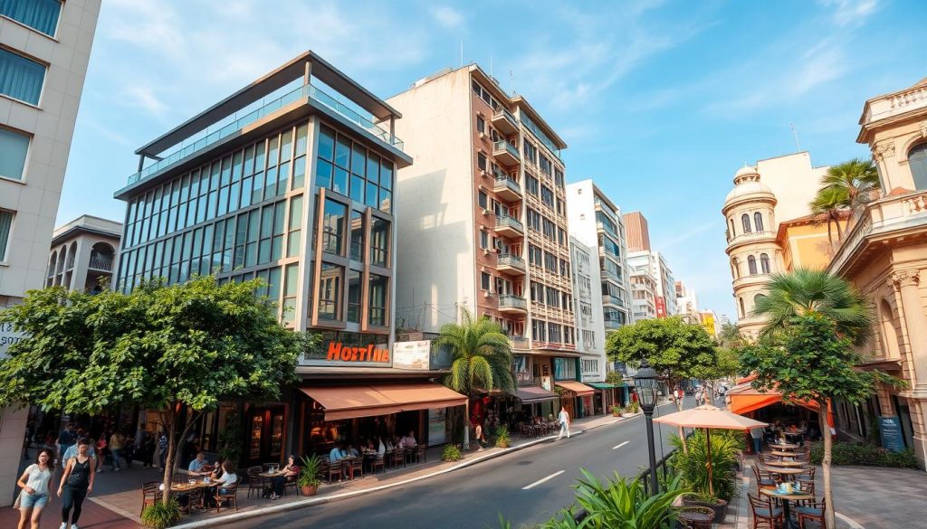 View of District 1 in Ho Chi Minh City showing hotels and cafes
