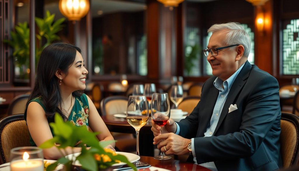 Well-dressed older Western man and Vietnamese woman enjoying dinner at upscale restaurant