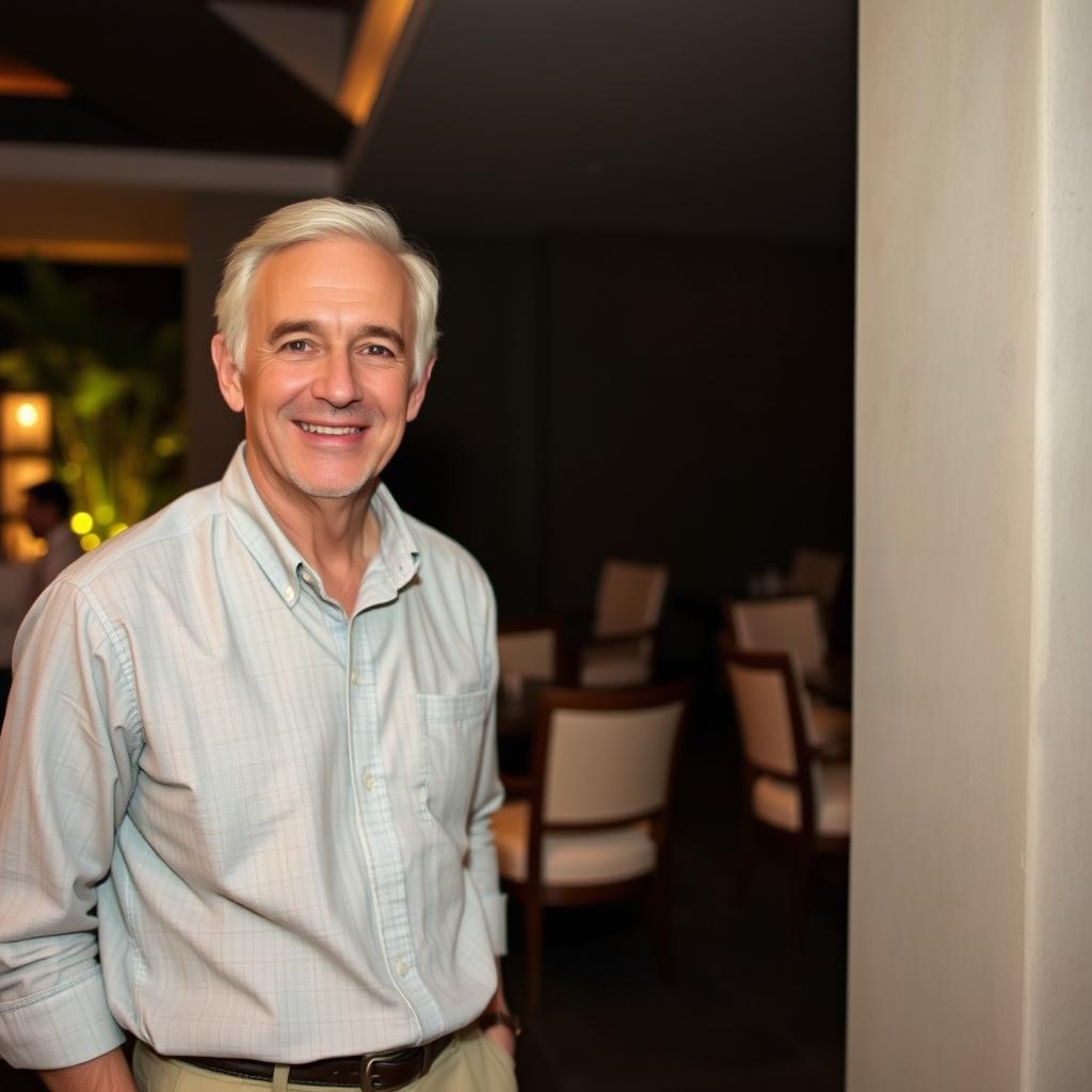 Well-dressed older man in smart casual attire appropriate for Bali nightlife