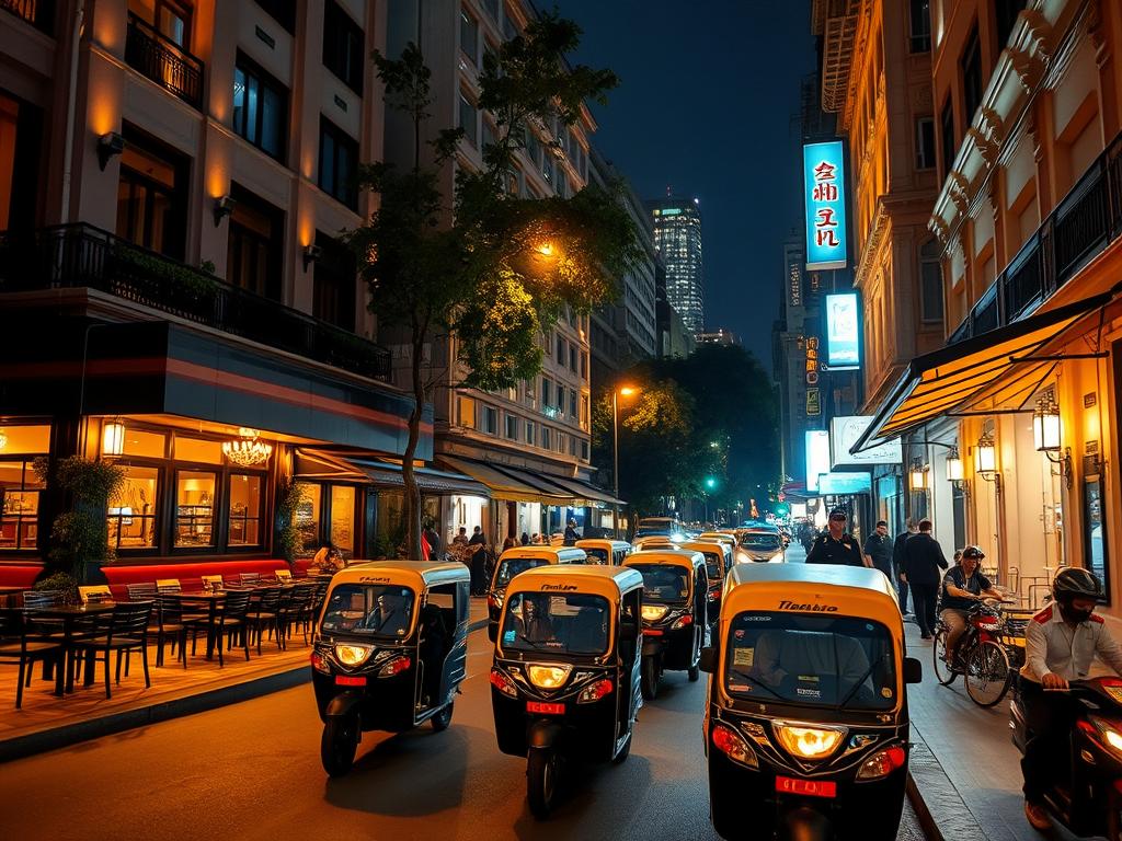 Well-lit street in Phnom Penh's upscale BKK1 district at night with security presence