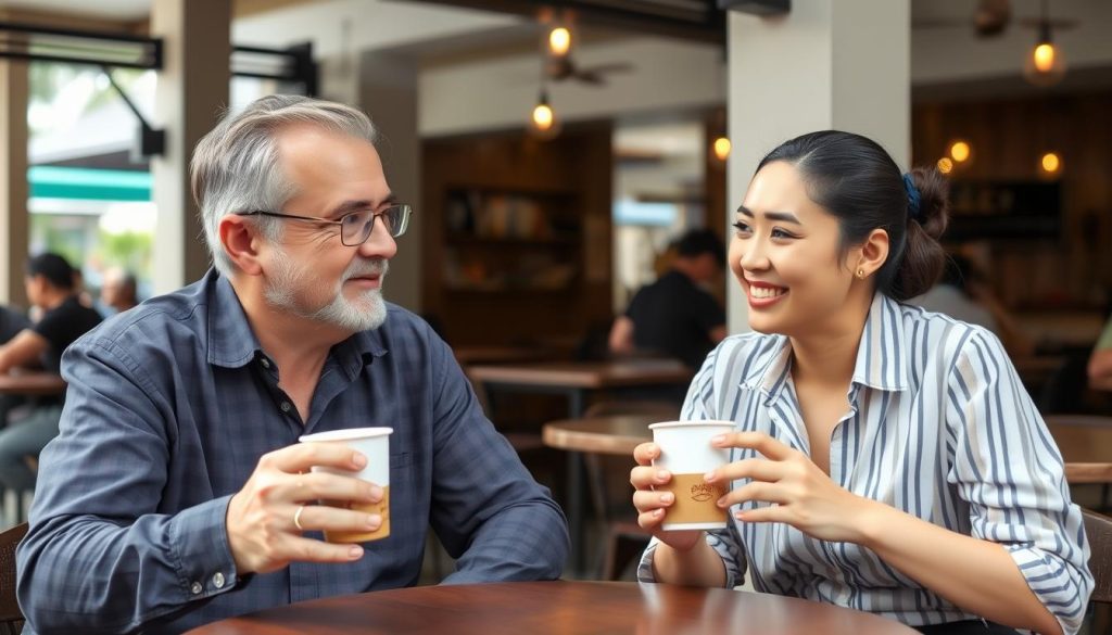 Western expat and Thai girlfriend enjoying coffee at a cafe in Thailand