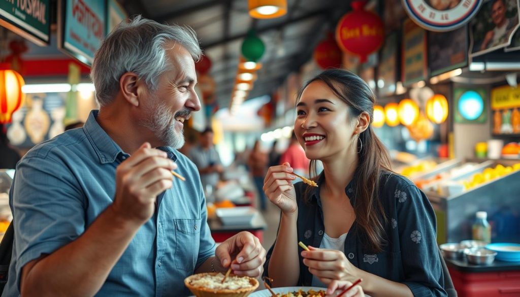 Western man and Southeast Asian woman on a date at a local market, exploring food stalls Western man and Southeast Asian woman on a date at a local market, exploring food stalls