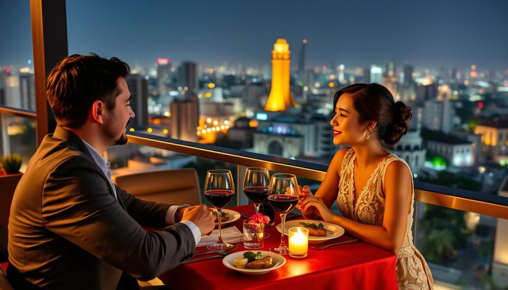 Western man and Vietnamese woman on a date at a rooftop restaurant in Ho Chi Minh City