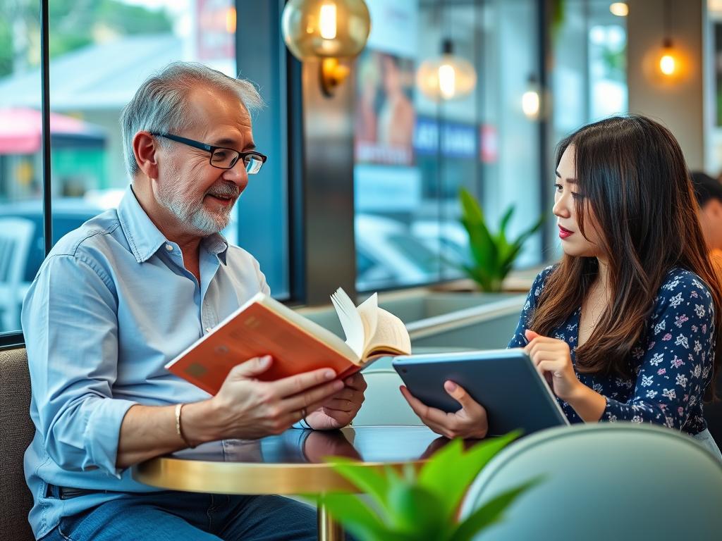 Western man learning Vietnamese language with a tutor in Ho Chi Minh City