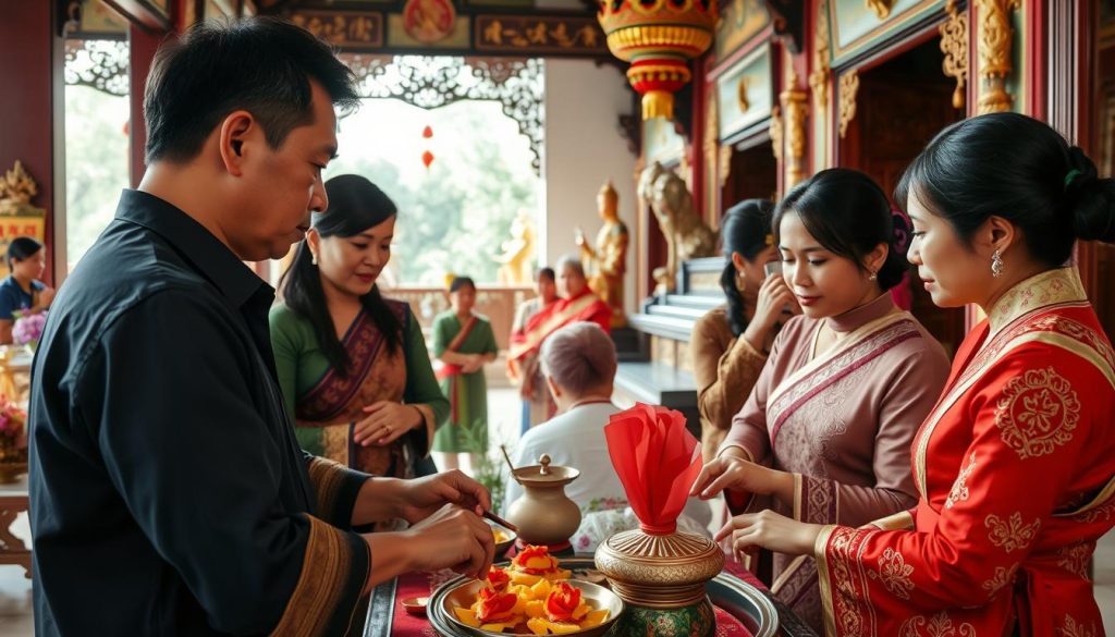 Western man learning about Vietnamese cultural traditions