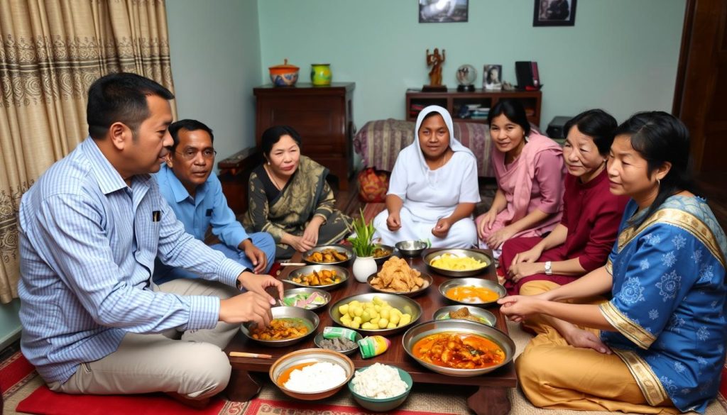 Western man meeting Cambodian family during a traditional meal in Phnom Penh home