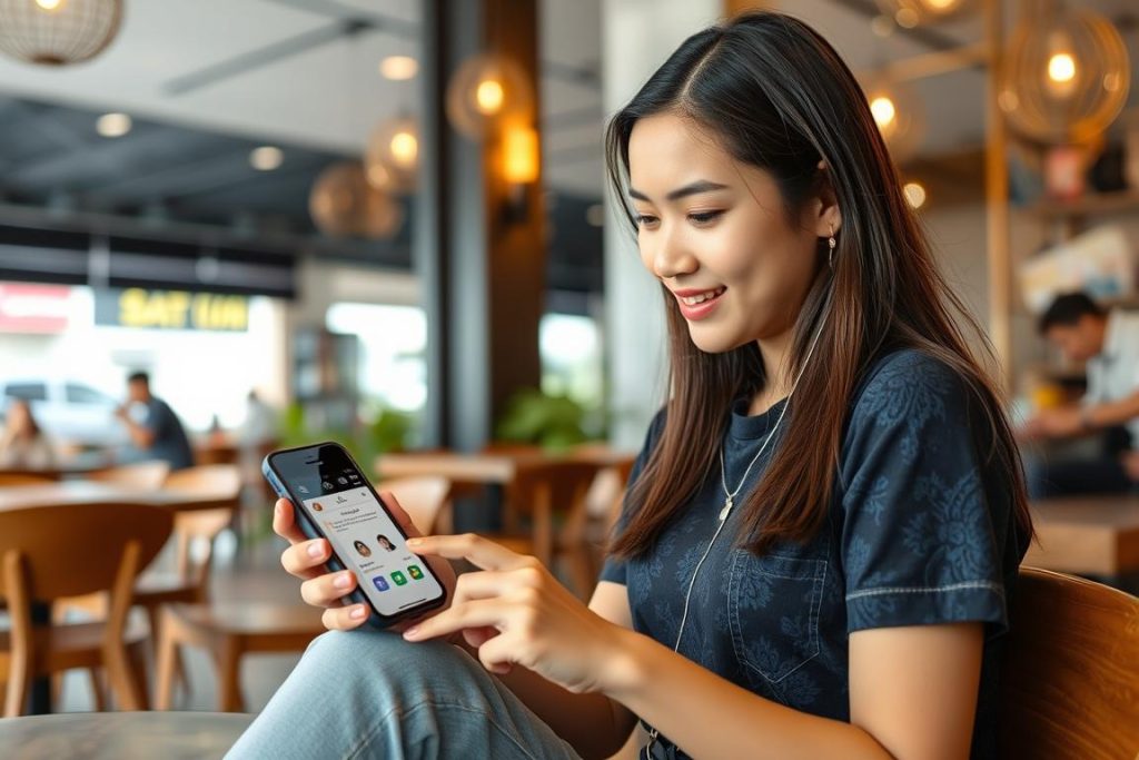 Young Cambodian woman using dating app on smartphone in Phnom Penh cafe