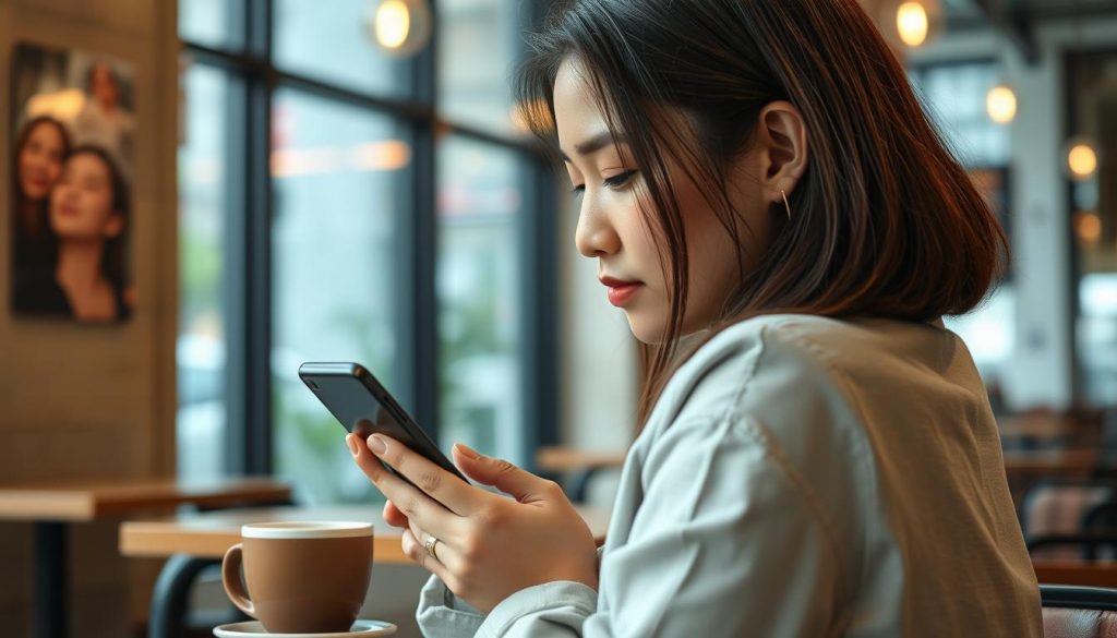 Young Indonesian woman using dating app on smartphone in Jakarta café
