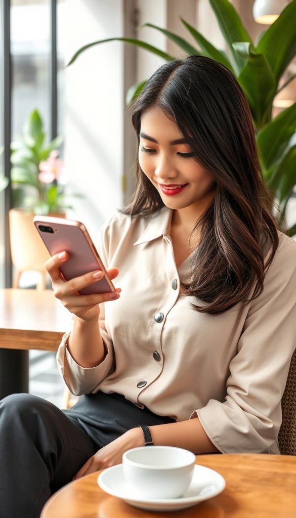 Young Vietnamese woman using dating app on smartphone in Hanoi cafe
