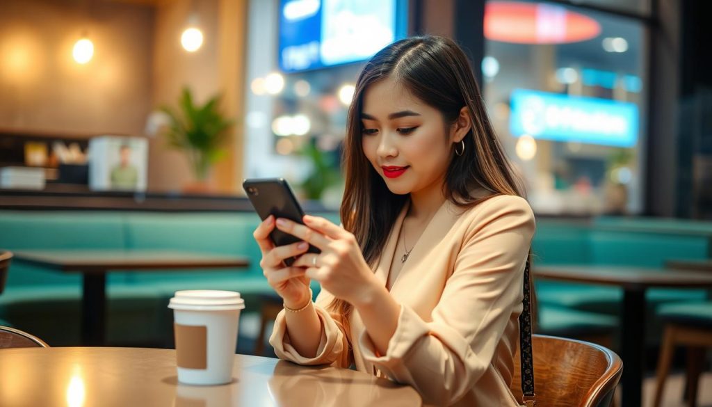 Young Vietnamese woman using dating app on smartphone in a Ho Chi Minh City cafe
