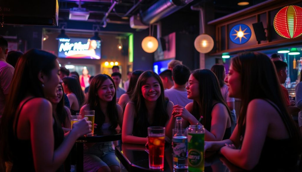 Young people socializing at a popular bar in Chiang Mai at night