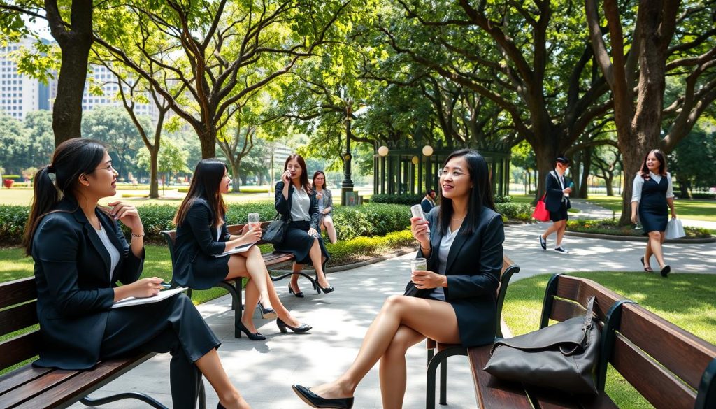 Young professional women relaxing at Ayala Triangle Gardens during lunch break