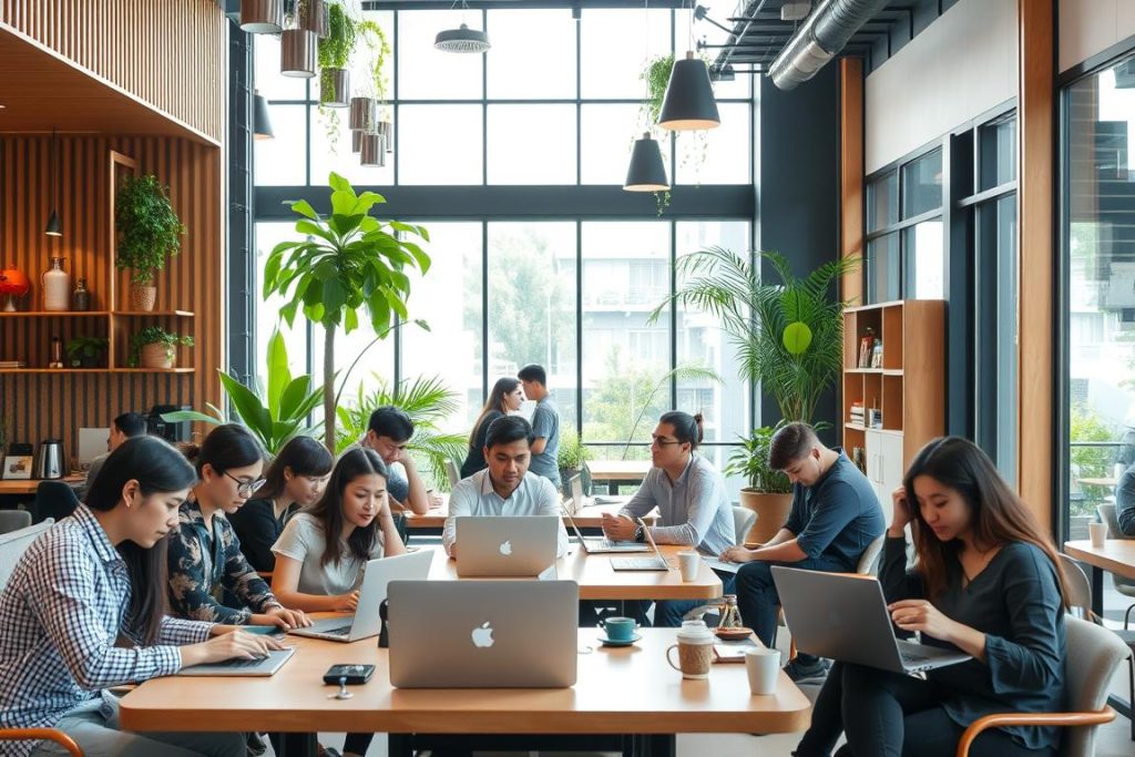 Young professionals working at a trendy co-working space in Bangkok Young professionals working at a trendy co-working space in Bangkok