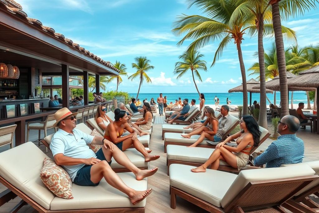 Beach club in Phuket with people relaxing and socializing