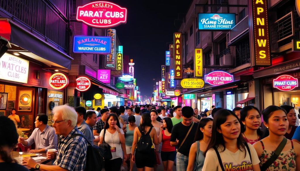 Busy night scene on Angeles City Walking Street showing various nightlife venues frequented by older men dating younger women Busy night scene on Angeles City Walking Street showing various nightlife venues frequented by older men dating younger women