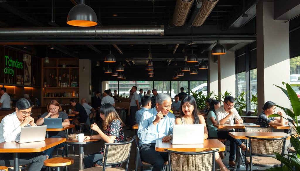 Cafe scene in Ho Chi Minh City with locals and expatriates