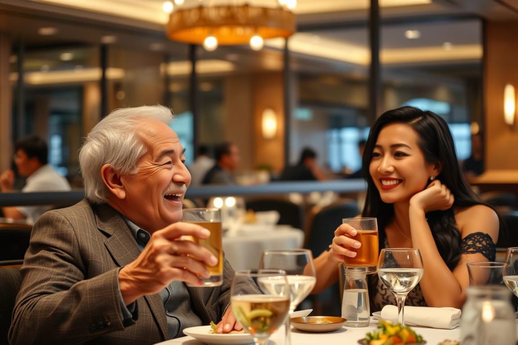 Couple enjoying Angeles City nightlife showing an older Western man with a younger Filipina woman at a restaurant Couple enjoying Angeles City nightlife showing an older Western man with a younger Filipina woman at a restaurant