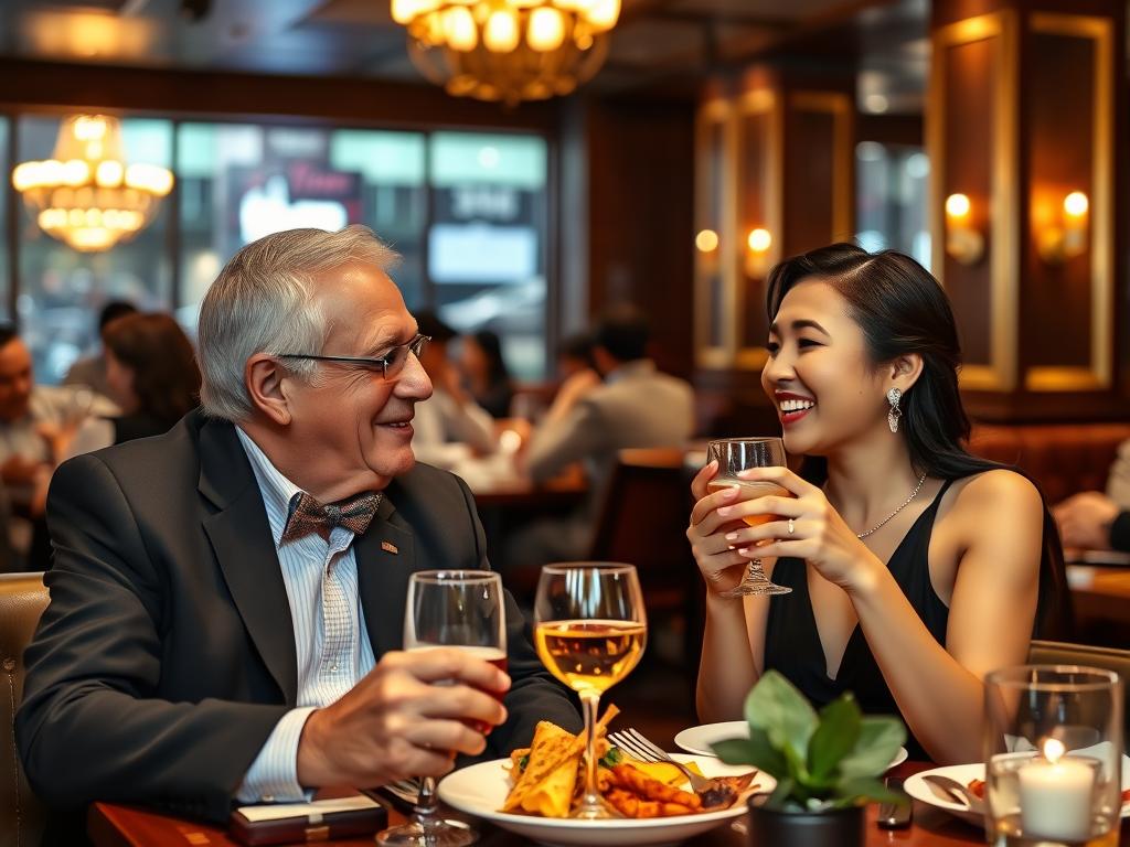Couple enjoying a date at a restaurant in Angeles City showing an older man with a younger Filipina woman Couple enjoying a date at a restaurant in Angeles City showing an older man with a younger Filipina woman