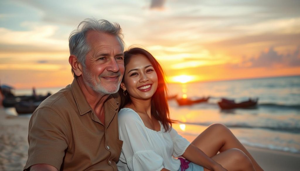 Couple enjoying sunset on a Thai beach