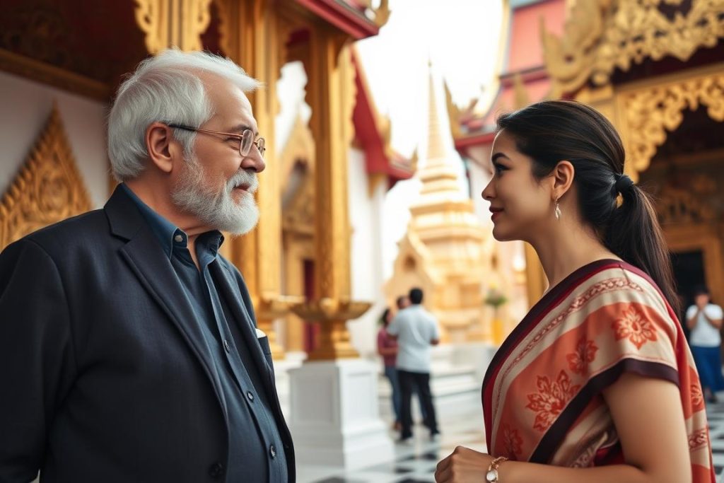 Couple exploring a Thai temple together respectfully