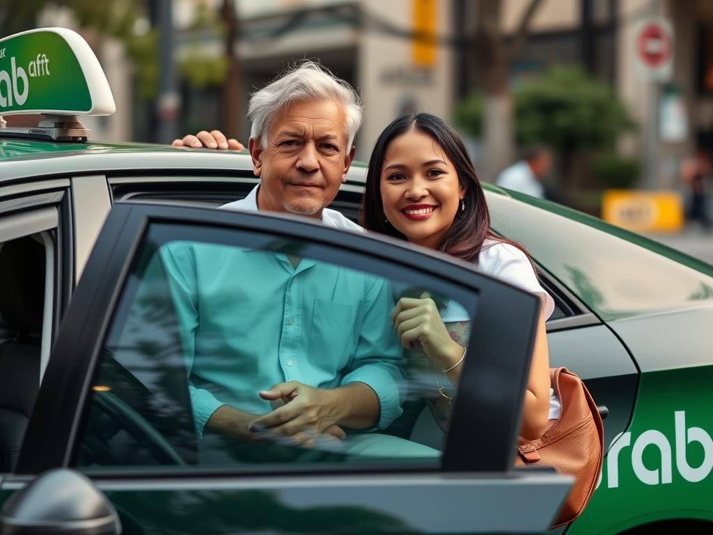 Couple using Grab transportation service in Manila