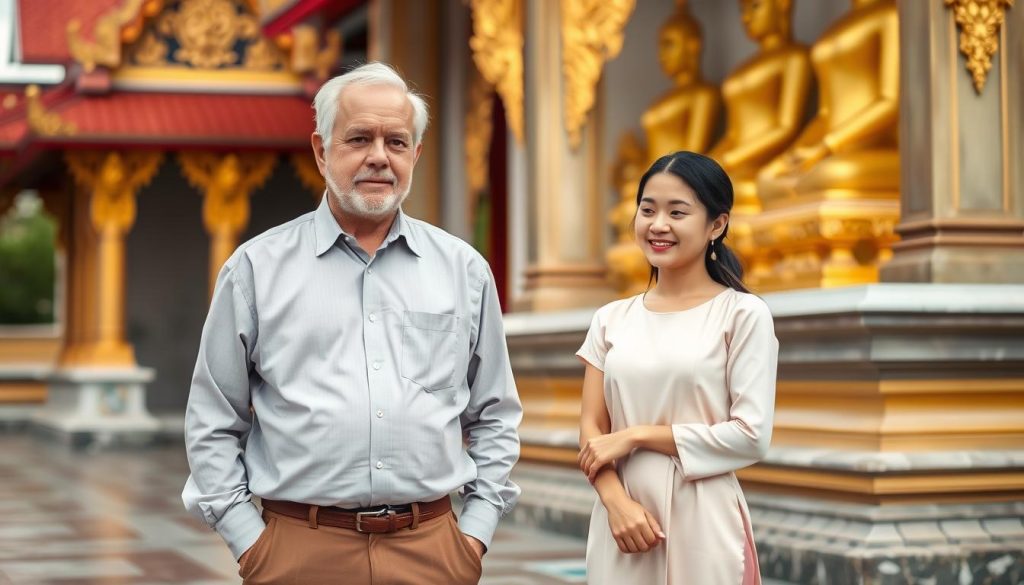 Couple visiting a Buddhist temple in Thailand with respectful attire