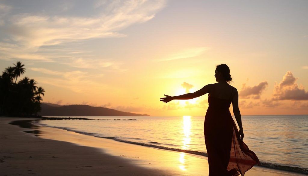 Couple walking on beach at sunset in Philippines