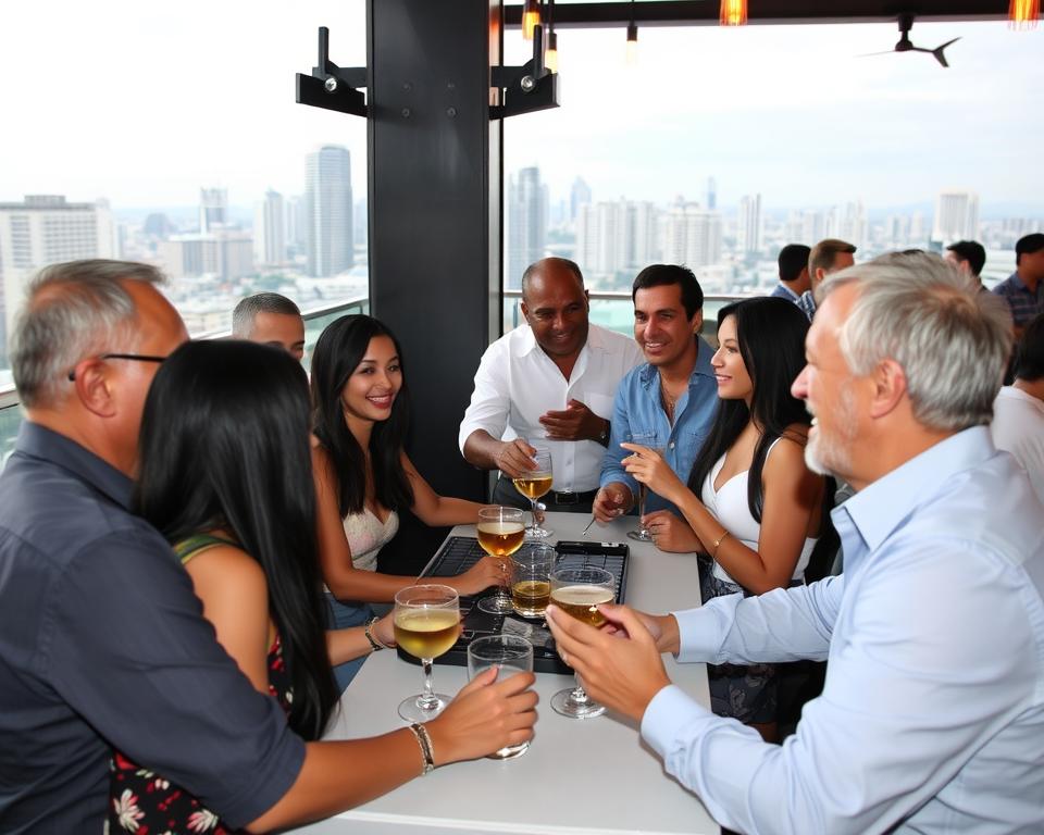 Group of friends including older Western men and younger Filipinas enjoying a social gathering at a Manila rooftop bar