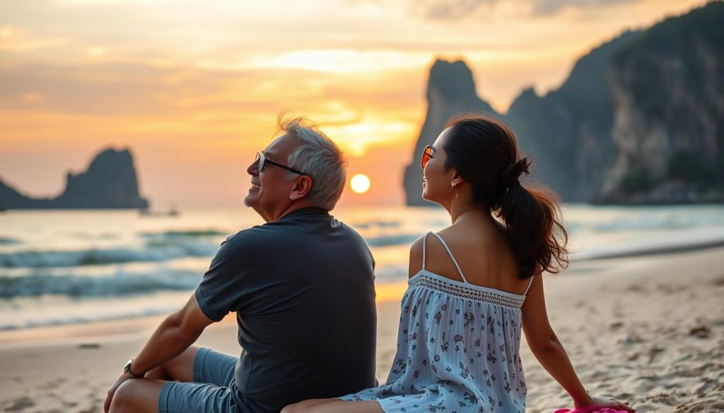 Happy cross-cultural couple enjoying sunset at a beach in Southeast Asia