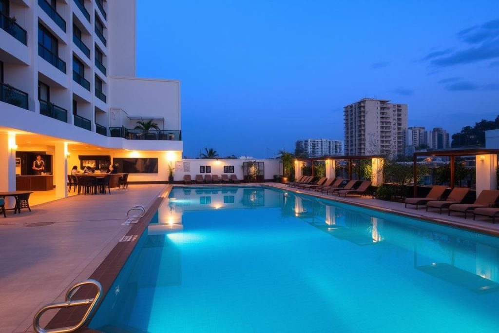 Hotel swimming pool in Angeles City with bar area, popular with guests exploring local nightlife