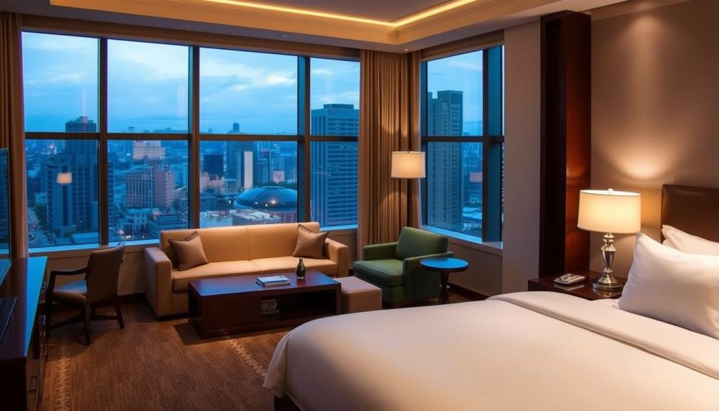 Luxury hotel room in Manila with city views, ideal for guests staying near nightlife areas
