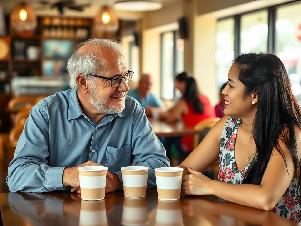 Man and woman having coffee in public cafe in Philippines