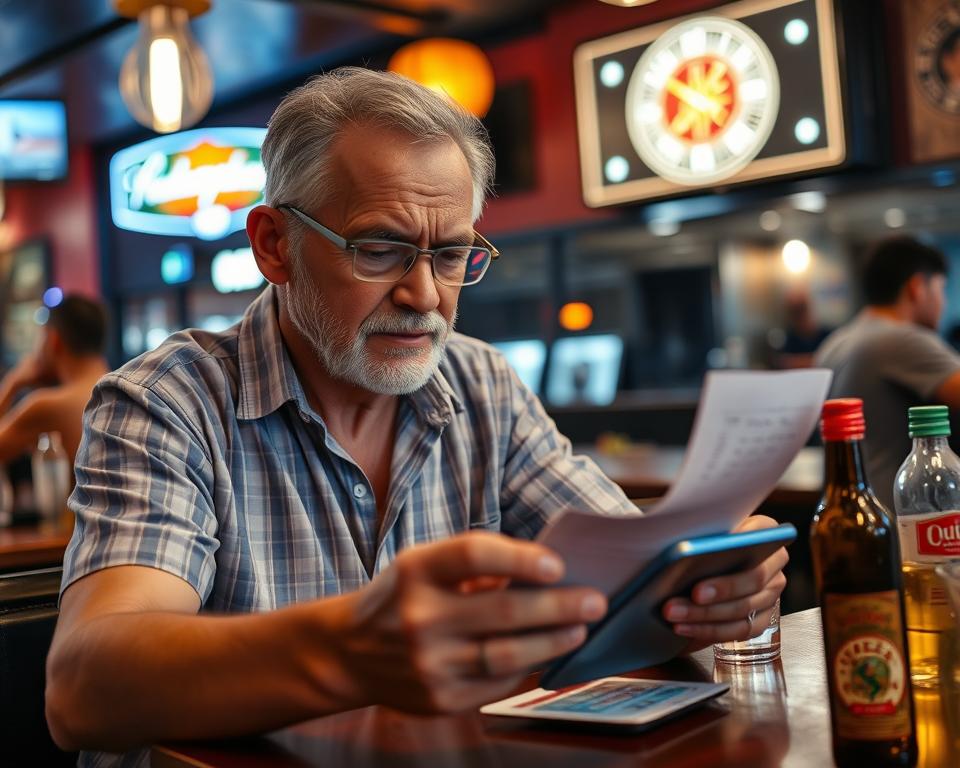Man checking his bill carefully at a Philippines bar while using a smartphone calculator