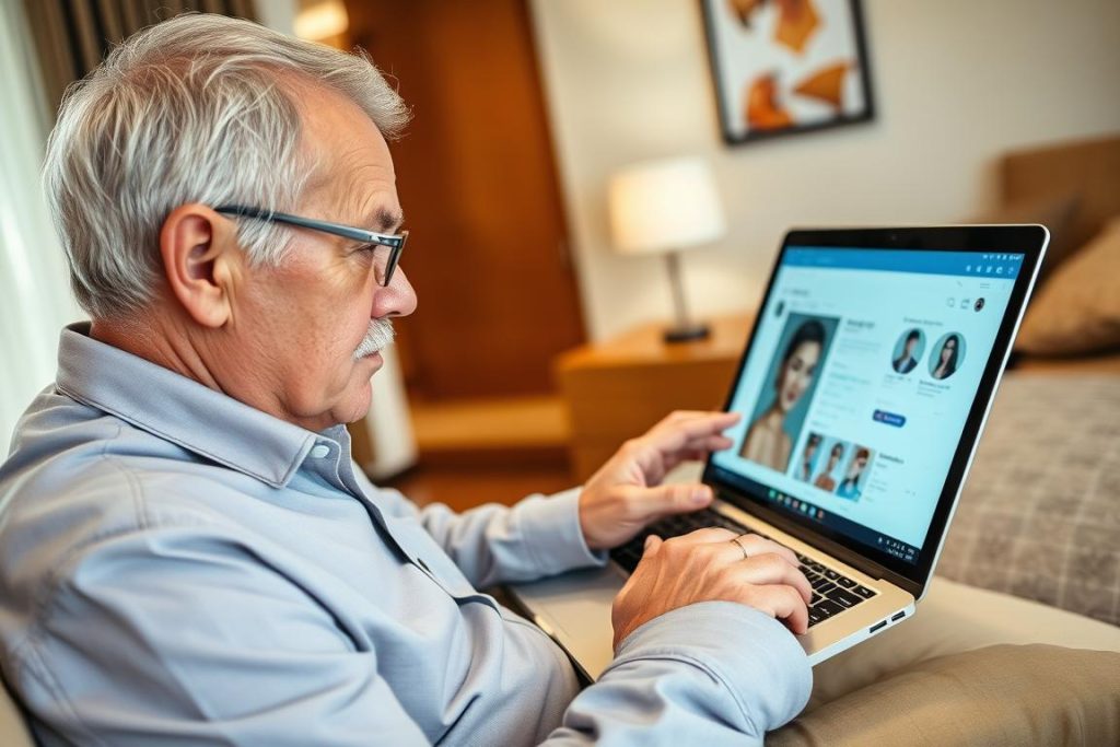 Man checking online dating profile for authenticity on laptop