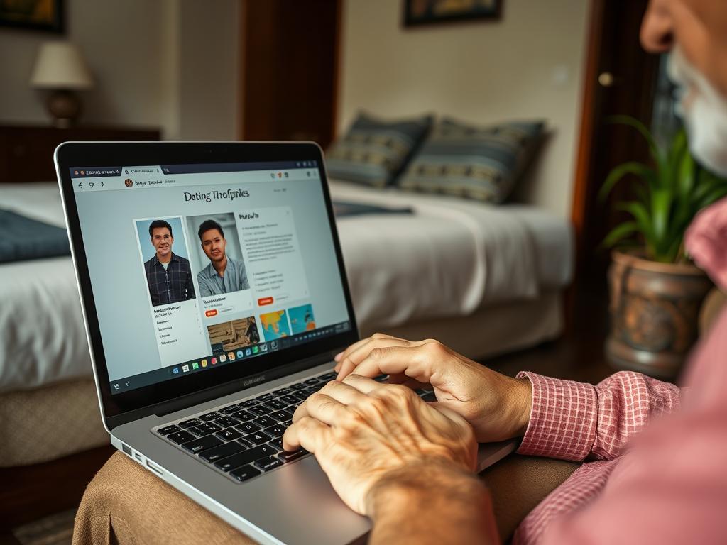 Man setting up dating profile on laptop