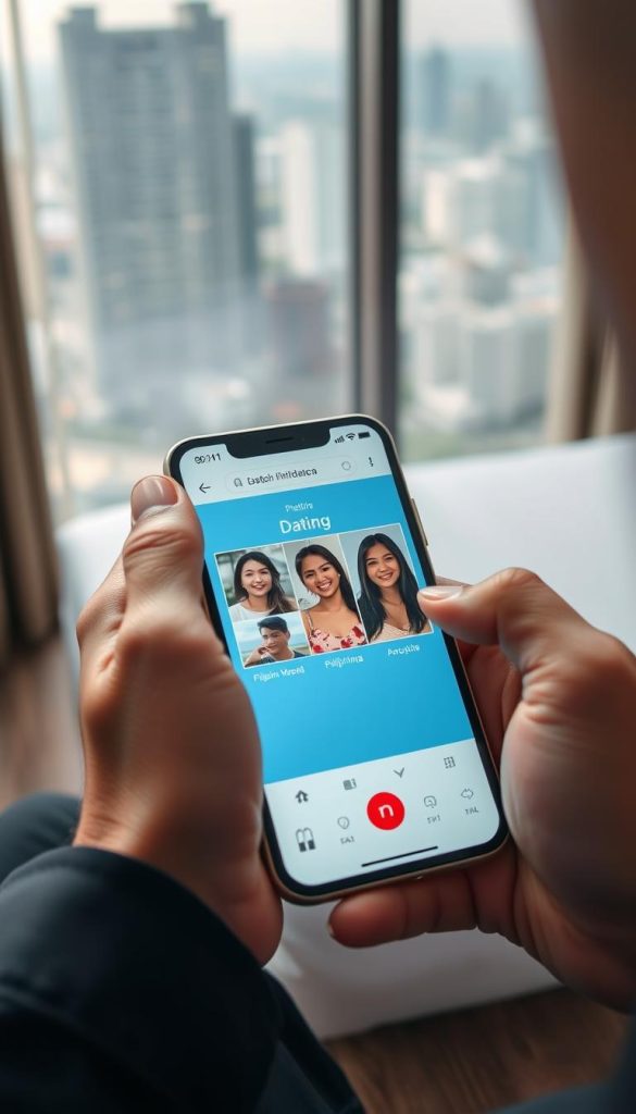 Man using dating app on smartphone in Manila hotel