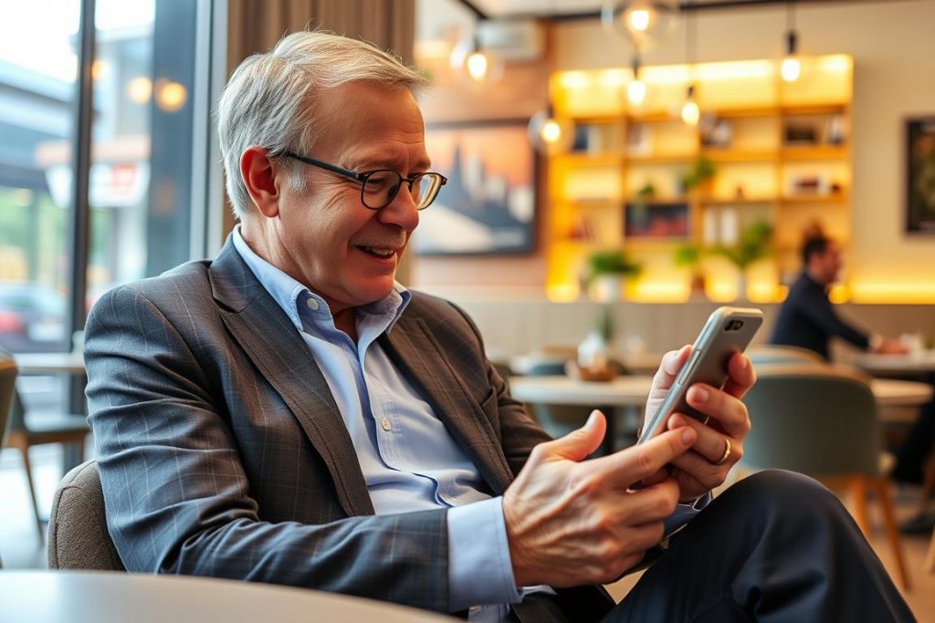 Man using dating apps on smartphone in a Bangkok cafe