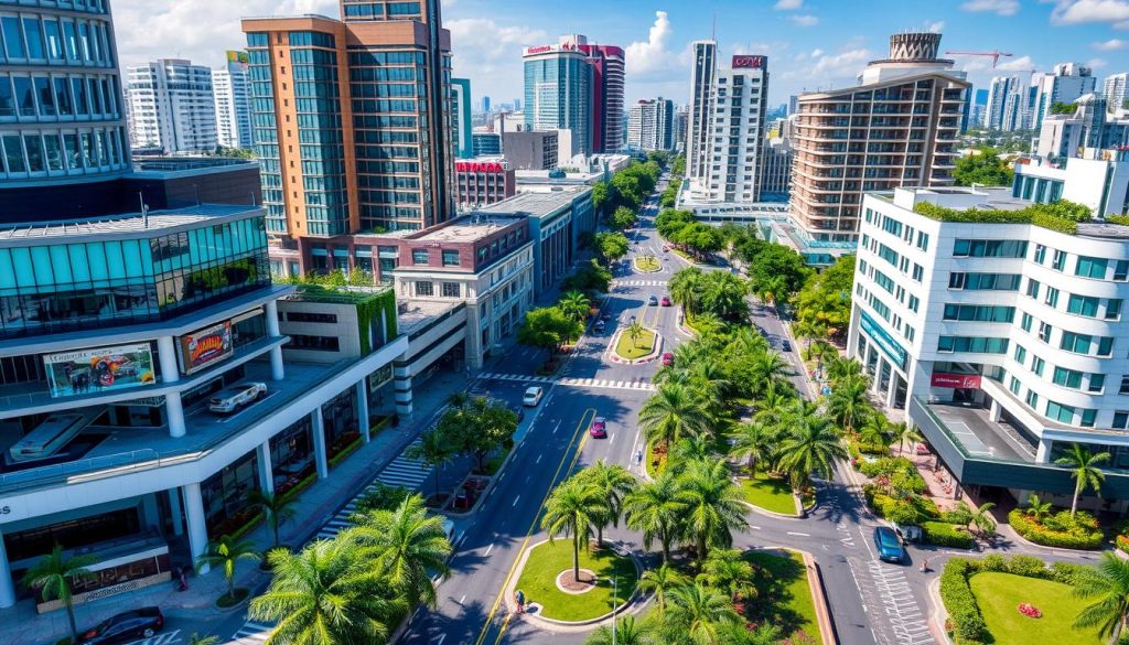 Modern district of Manila with shopping malls and restaurants