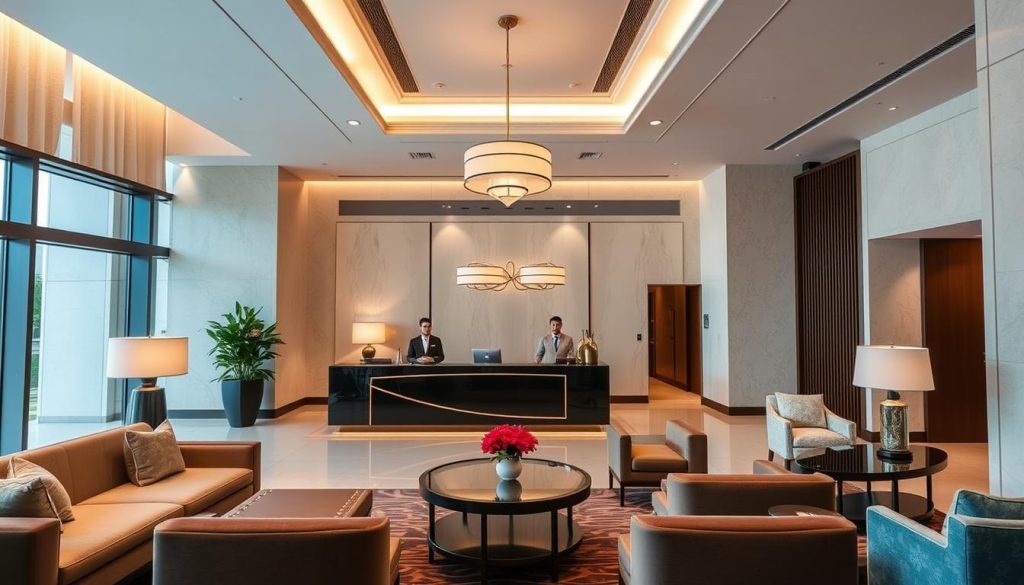 Modern hotel lobby in Bangkok with professional reception desk