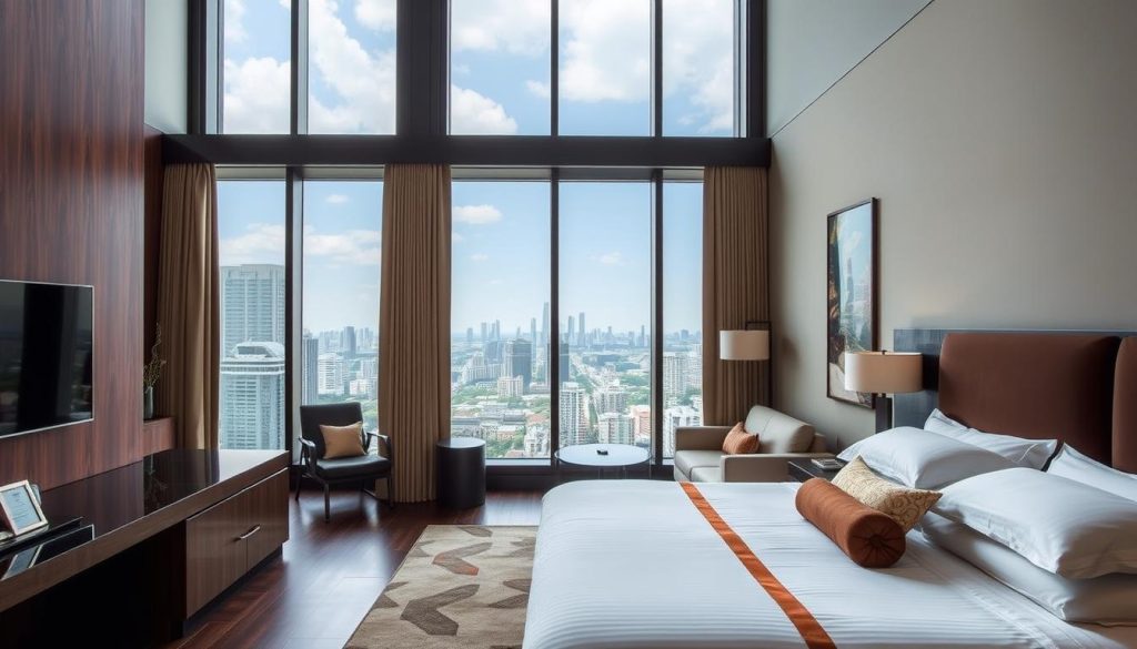 Modern hotel room in Bangkok with city view