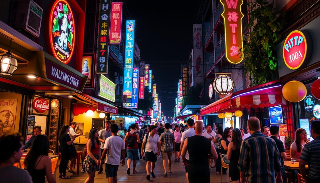 Nightlife scene on Walking Street in Pattaya with neon lights and people socializing