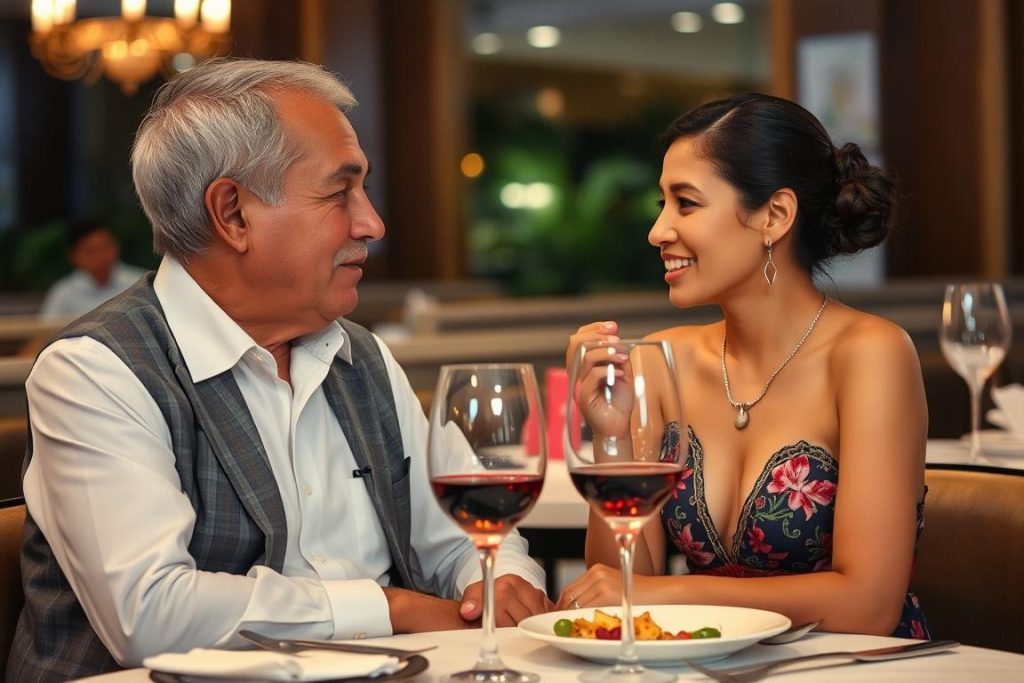 Older Western man and younger Filipina couple in a restaurant in Cebu City