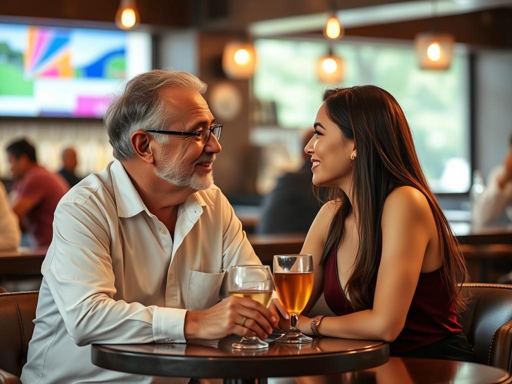 Older Western man and younger Filipina woman having a conversation at a comfortable bar setting