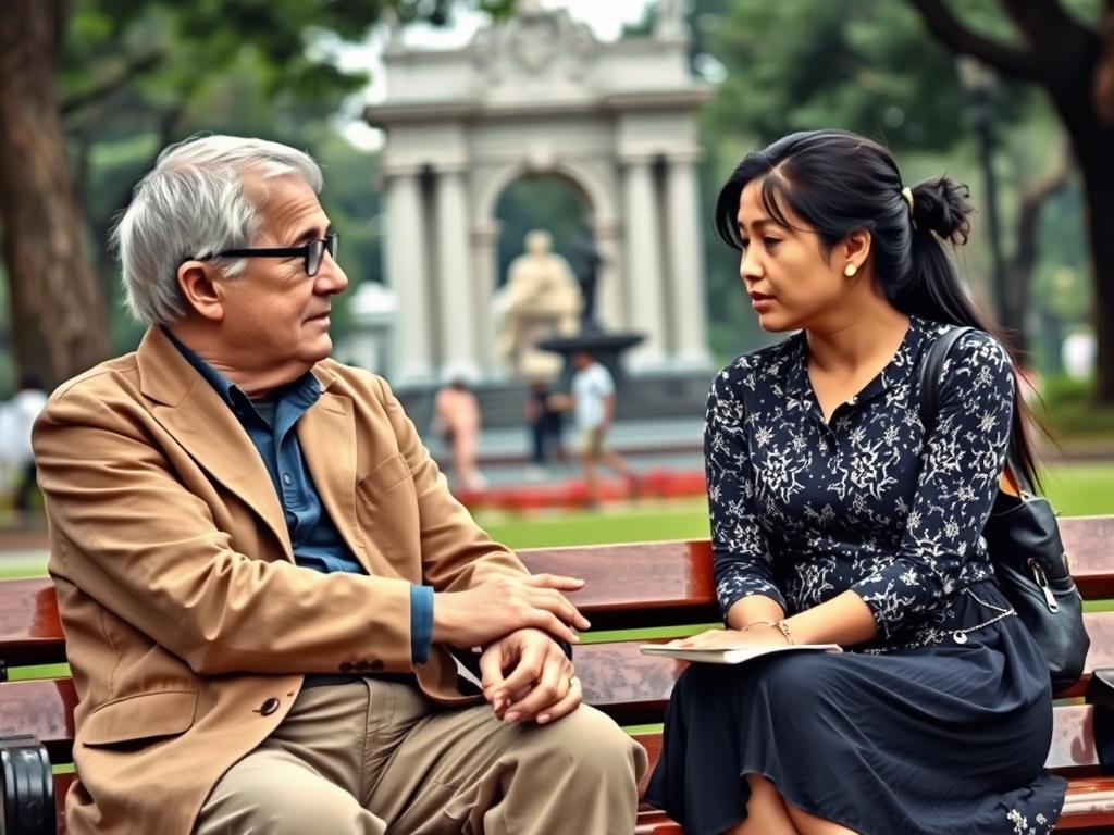 Older Western man and younger Filipina woman having a deep conversation in a Manila park