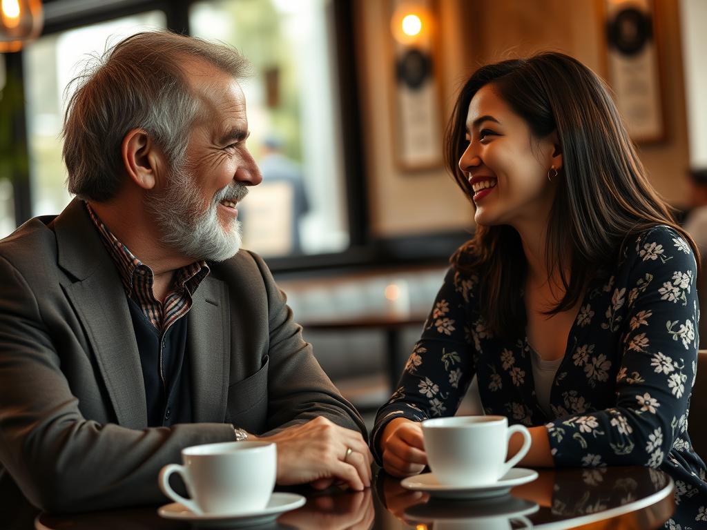 Older Western man and younger Southeast Asian woman engaged in conversation at a cafe