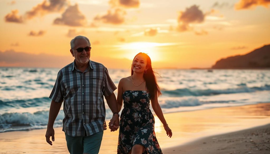 Older Western man and younger Southeast Asian woman enjoying sunset at a beach in Southeast Asia