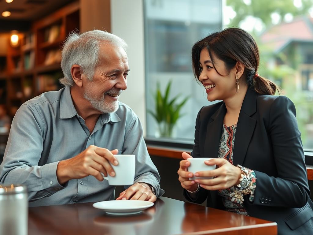 Older Western man and younger Thai woman having coffee at a cafe in Thailand