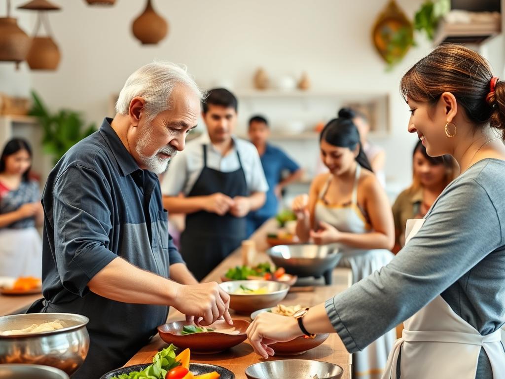 Older Western man taking a Thai cooking class with local instructor and students